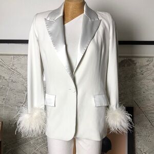NADINE MERABI White Feather Cuff Satin Lapel Blazer